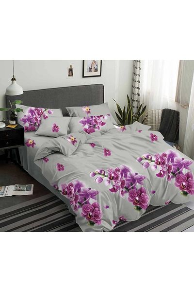 Pucioasa Lenjerie de pat dublă, Pucioasa, Finet, 6 piese, Imprimeu Orhidee, 245x250cm, Gri