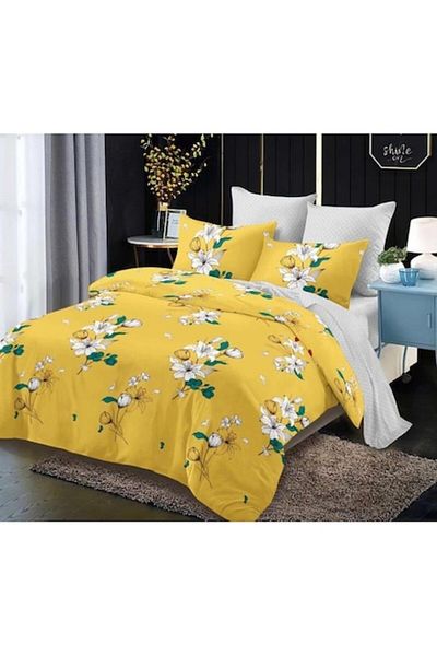 OEM Set lenjerie de pat, cearșaf elastic, Finet, 6 piese, 2 persoane, buchet de flori, 180x200cm, galben-multicolor