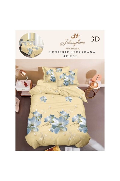 OEM Lenjerie de pat, Finet, Imprimeu 3D Multiplicat, 4 piese, 1 persoana, 155x200cm, Flori Albe, Alb-Bej