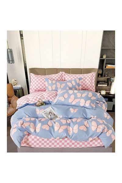 OEM Double Bed Linen, 6 Pieces, Finet, Butterfly and Checkered Print, 2 Persons, 240x250cm, Multicolor