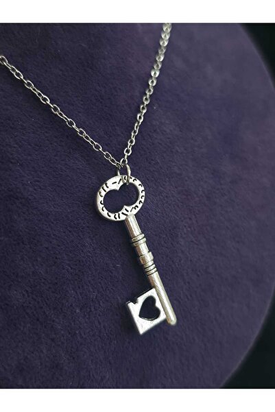sarıyer silver Key Model Heart Special Engraved Love Beloved Devotion Themed Heart Key Steel Necklace