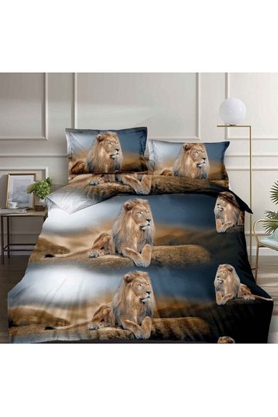 OEM Double Bed Linen, Lion Print, 4 Pieces, Satin Cotton, Multicolor