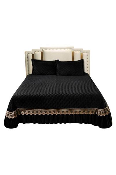 JOJO HOME Cuvertura si 2 fete de perna, Catifea Matlasata si Broderie Aurie, Jojo Home, 3 piese, 2 persoane, U