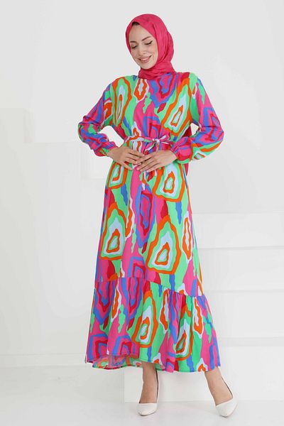 TOFİSA Colorful Patterned Dress Green - 27471
