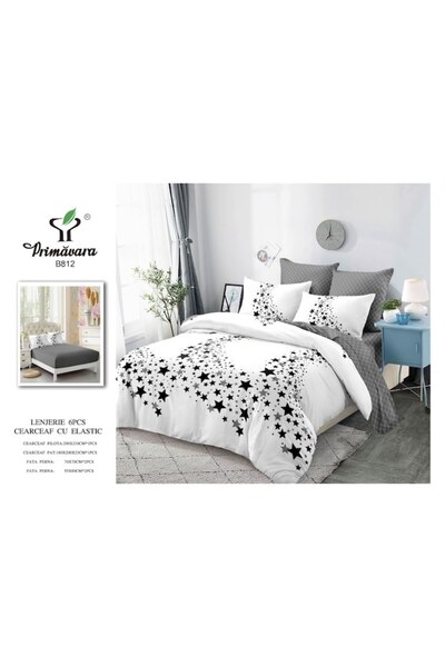 OEM Double bed linen set, with spring, fitted sheet, 6 pieces, 180x200cm, Finet, stars, white-gray