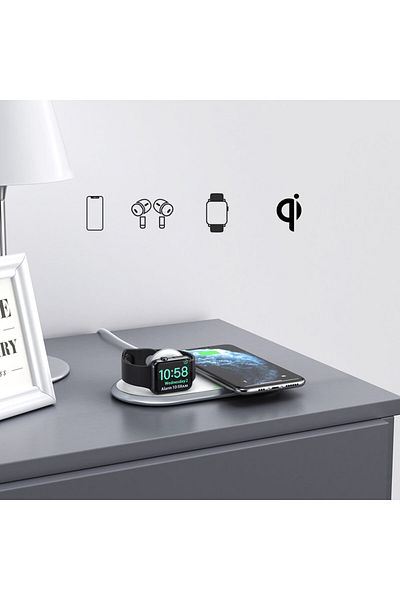 CHOETECH Încărcător wireless Qi 2 în 1 pentru Apple Watch cu suport USB tip C, alb