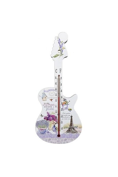 OEM Termometru de cameră din lemn, formă de chitară cu flori, 11 x 26 cm