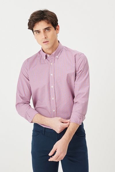 AC&Co / Altınyıldız Classics Ανδρικό πορτοκαλί Slim Fit Slim Fit με γιακά, βαμβακερό καρό πουκάμισο