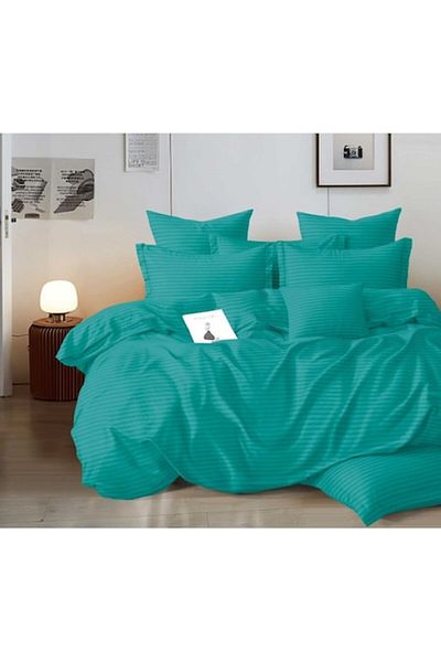 OEM Set de lenjerie de pat dublă, damasc, cearșaf cu elastic, 6 piese, 2 persoane, uni, 180x200cm, turcoaz