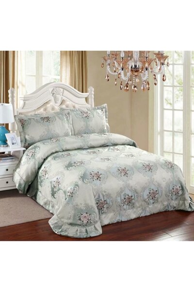 OEM Double Bed Cover and 2 Pillowcases, Satin, 3 Pieces, 250x250cm, Roses, Gray
