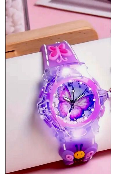 JOJO KIDS ساعة يد مضيئة على شكل فراشة للفتيات، ساعة يد من السيليكون، ساعة مضيئة مكثفة متغيرة اللون