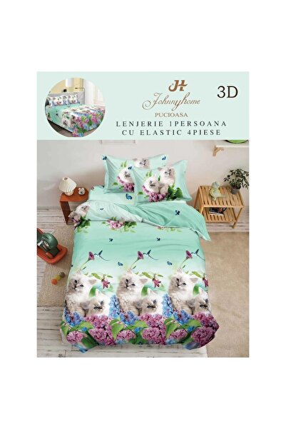 OEM Lenjerie de pat, Finet, Imprimeu 3D Multiplicat, 4 piese, 1 persoana, 155x200cm, Pisicute, Multicolo