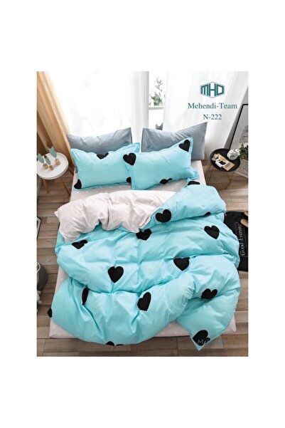 OEM Cearșaf de pat dublu, bumbac satinat, 4 piese, inimioare, albastru deschis-negru, 240x250cm