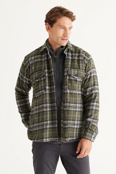 AC&Co / Altınyıldız Classics Ανδρικό χειμωνιάτικο μπουφάν χακί Oversize με γιακά καρό με κουμπιά