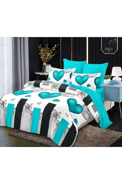 OEM Bed Linen, Finet, 6 Pieces, 2 Persons, Turquoise Hearts Print, 230x250cm, Multicolor
