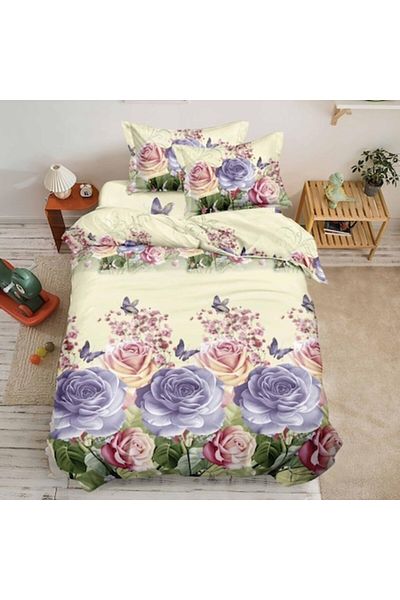 OEM Lenjerie de pat, Finet, Imprimeu 3D Multiplicat, 4 piese, 1 persoana, 155x200cm, Trandafiri, Multico