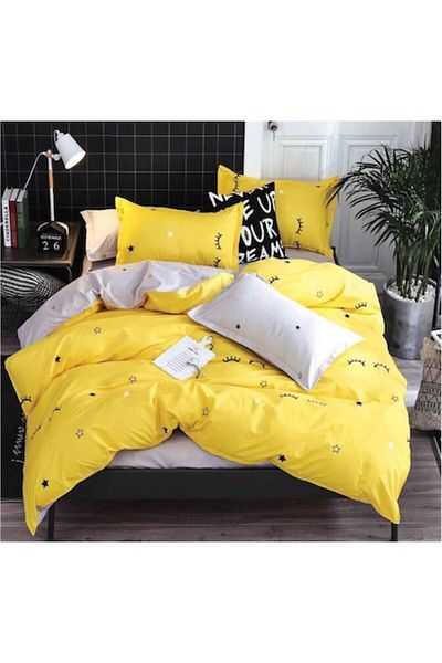 OEM Bed Linen, Reversible, Elastic Sheet, Ochisori Finet, Single Size, 4 Pieces, 140x200cm, Yellow-Grey