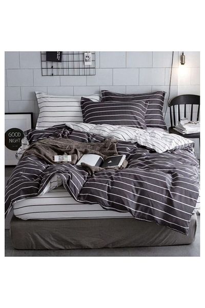 OEM Bed Linen Set, Elastic Sheet, Satin Cotton, 2 Persons, 4 Pieces, Stripe Pattern, 180x200cm, Black-Wh