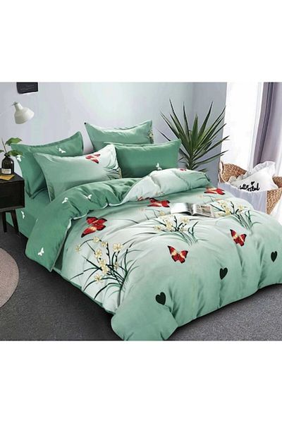 Pucioasa Double Bed Sheet Set, Pucioasa, Finet, 6 Pieces, Red Butterfly Print, 245x250cm, Green