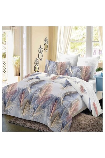 OEM Lenjerie de pat, Finet, 6 piese, 2 persoane, 230x250cm, Imprimeu Pene Multicolore