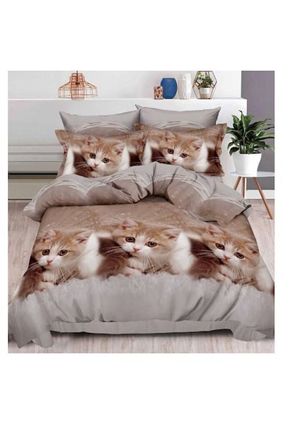 OEM Double Bed Linen Set, 6 Pieces, Finet, 3D Cat Print, 2 Persons, 240x250cm, Beige Shades