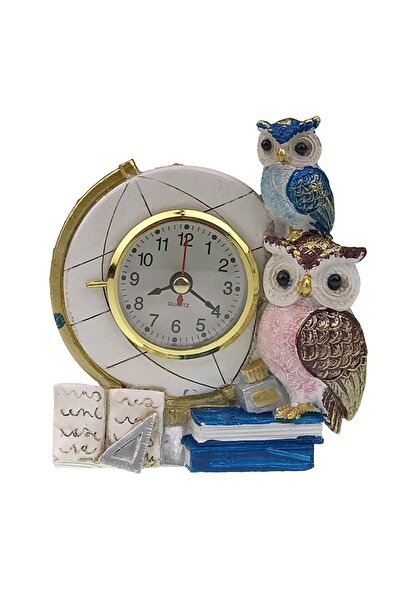 OEM Decoratiune cu ceas, Glob Pamantesc si Bufnite, Rasina si Plastic, 12x13cm, multicolor