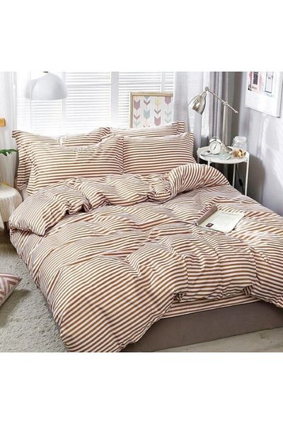 OEM Double Bed Linen Set, 4 Pieces, 2 Persons, 180x200cm Cotton Satin, Striped, Brown-White