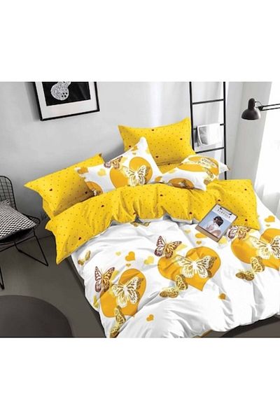 OEM Double Bed Linen Set, 6 Pieces, 2 Persons, 180x200 cm, Hearts and Yellow Butterflies Print, Multicol