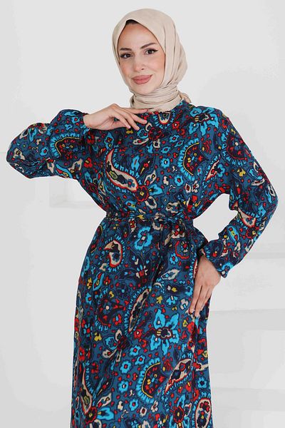 TOFİSA Patterned Belted Dress Navy Blue - 27472