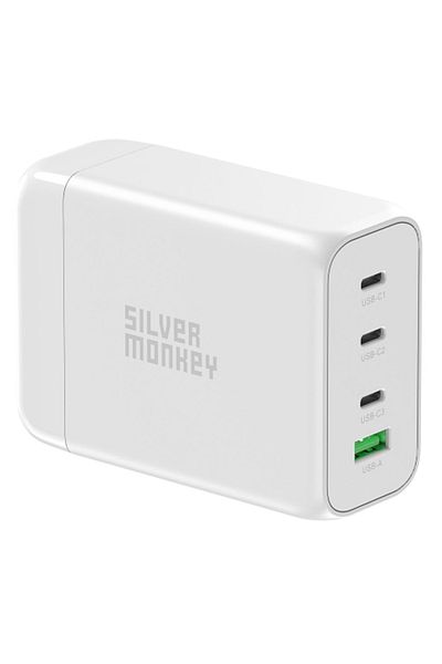Silver Monkey Încărcător de perete GaN 130W cu cablu de alimentare 3xUSB-C PD USB-A QC 3.0, alb