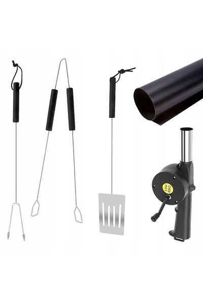 KRUZZEL Barbecue with tripod and blower, adjustable height, stainless steel, utensils