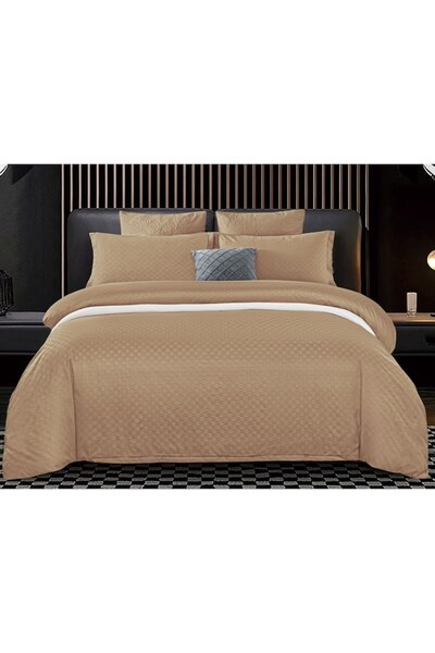 Pucioasa Double Bed Linen, Velvet Picket Grofat Lux, Pucioasa, 6 Pieces, 2 People, Coffee with Milk