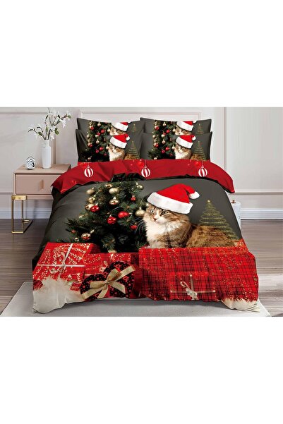 OEM Double Bed Linen Set, Christmas 3D Model, 6 Pieces, Cotton Finet, Dark Gray-Red