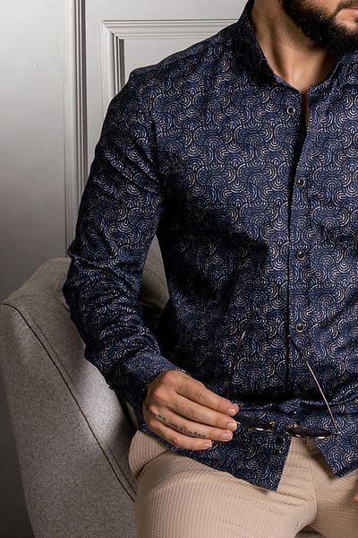 Sarar Interviu Artos Cămașă cu guler cu nasturi ascunși 100% bumbac cu model bleumarin