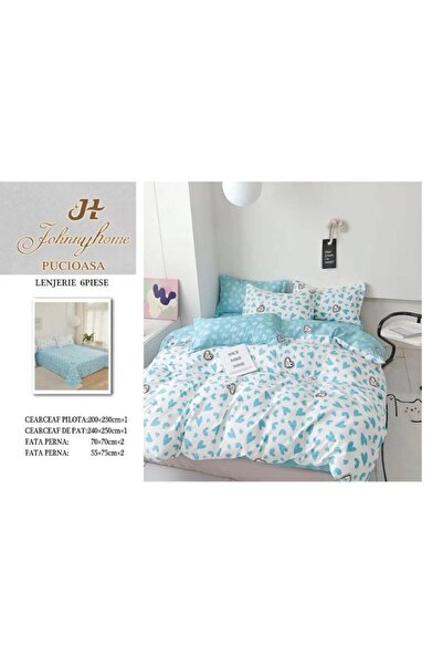 OEM Double bed sheet set, heart print, 2 persons, 240x250cm, finet, white-turquoise