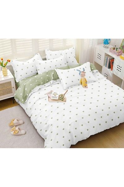 OEM Bed Linen, Elastic Sheet, Satin Cotton, Double, 4 Pieces, Heart Print, 180x200cm, White-Duck Egg