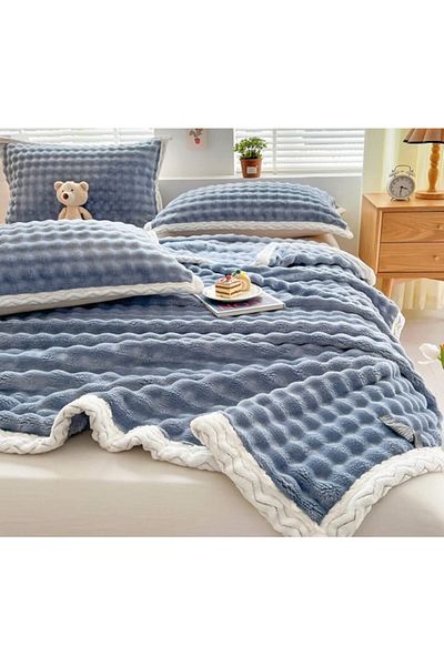 OEM Patura si 2 Fete Perna, Cocolino Premium, 3 Piese, 2 persoane, 200x230cm, Uni, Gri Albastrui