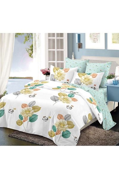 OEM Lenjerie de pat, Cearceaf cu Elastic, Finet, 6 piese, 2 persoane, Flori Pastel, 180x200cm, Multicolo
