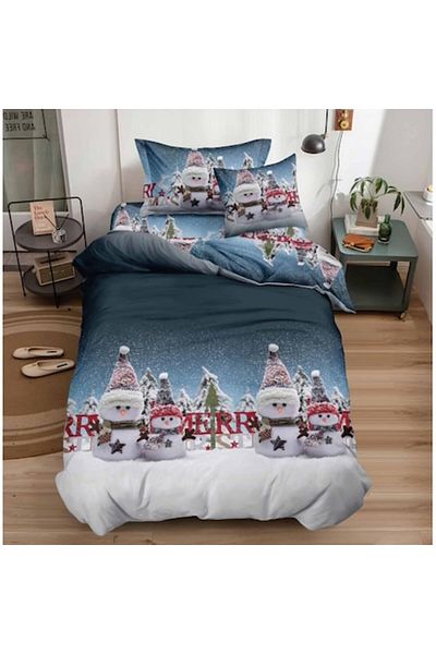 OEM Lenjerie de pat, Finet, 1 persoana, 4 piese, Snowmen, 155x220cm, Multicolor