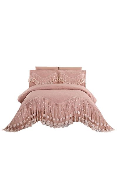 JOJO HOME Cuvertura si 2 fete de perna, cu Volanase Brodate, 2 persoane, 3 piese, 220X280cm, Somon