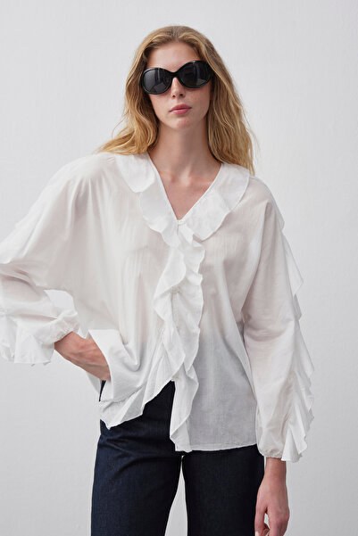 Mathilda Store Kadın Beyaz Volan Detaylı Gömlek