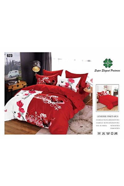 OEM Double Bed Linen, Love print, 6 pieces, for 2 persons, 245x250cm, Finet, Red-White