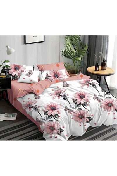 Pucioasa Double Bed Linen Set, Pucioasa, Finet, 6 Pieces, Gerbera Print, 245x250cm, White-Pink