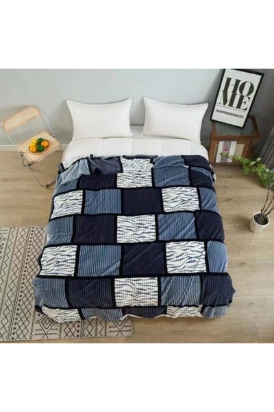 OEM Patura Cocolino, 2 persoane, 200x230cm, Imprimeu Patratele, Albastru-Bleumarin