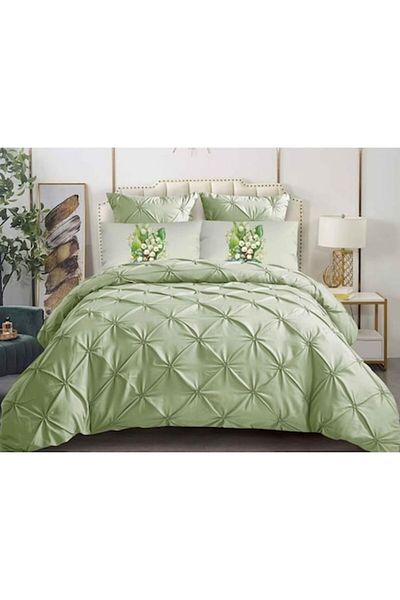 OEM Lenjerie de pat dublu, Primavara, Model Pliuri, Finet, 6 piese, 2 persoane, Uni, 180x200cm, Verde Ou