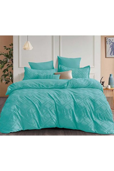 Pucioasa Lenjerie de pat dublă, catifea Jacquard Luxury M4, Pucioasa, 6 piese, 2 persoane, Uni, 245x250cm, Turcoaz