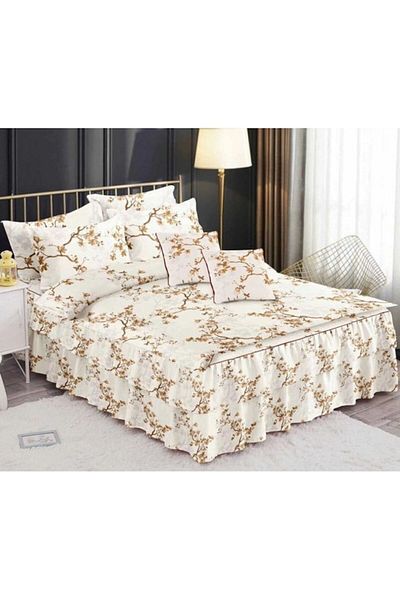 Pucioasa Double Bedding Set with Ruffles, Pucioasa, Finet, 6 Pieces, 2 Persons, Beige Branch Print, 200x230cm