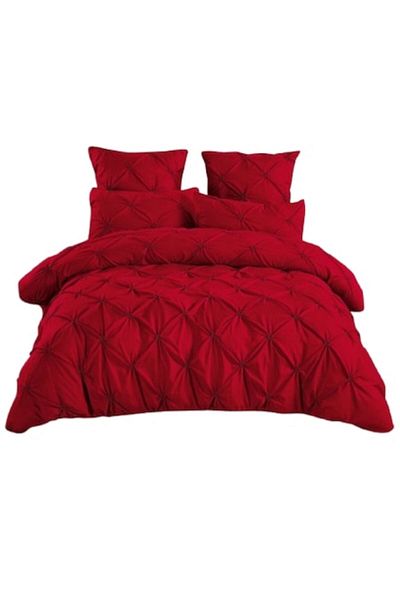 OEM Luxury Bed Linen Set, Uni, Embroidered Pleats Design, 6 Pieces, Finet, 235x240cm, Red