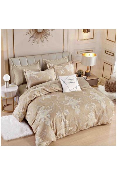 JOJO HOME Lenjerie de pat, Jojo Home, 6 piese, 2 persoane, 245x250cm, Imprimeu Elegant, Finet Superior, Bej Nu