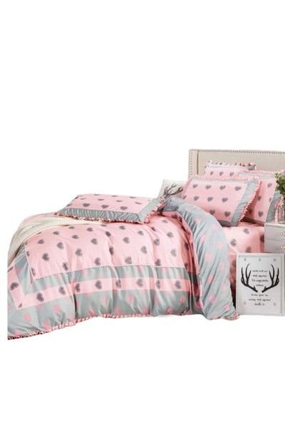 OEM Luxury Bedding Set with Ruffles, 4 Pieces, 2 People, 230x250cm, Heart Pattern, Gray-Pink